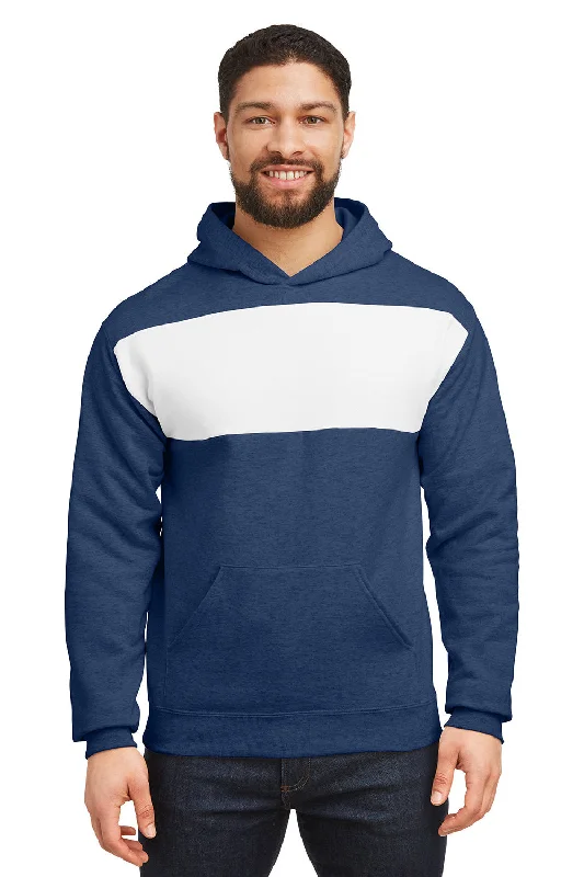 Jerzees Mens NuBlend Fleece Pill Resistant Billboard Hooded Sweatshirt Hoodie w/ Pouch Pocket - Heather Indigo Blue/White - Closeout