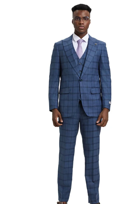 Panachify Collection: Men's Windowpane Hybrid Fit 3 Piece Suit In Blue