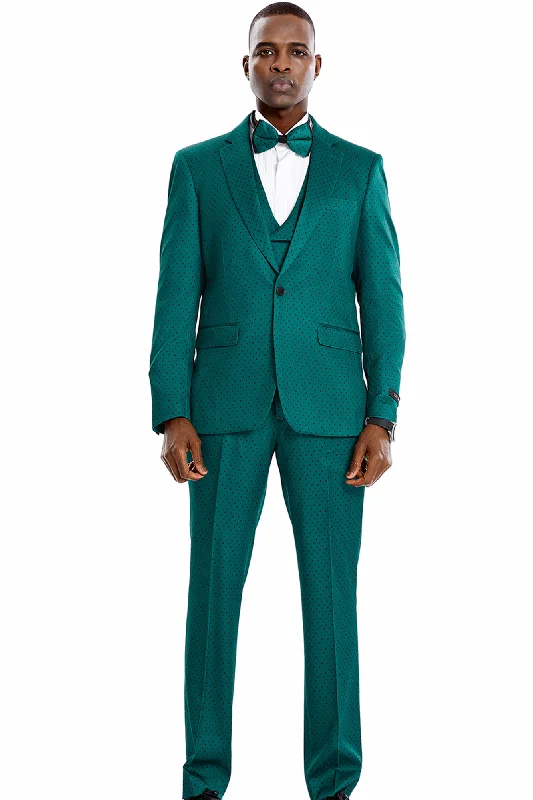 Vibrant Collection: 3-Piece Polka-Dot Slim Fit Suit with Notch Lapel In Emerald/Black