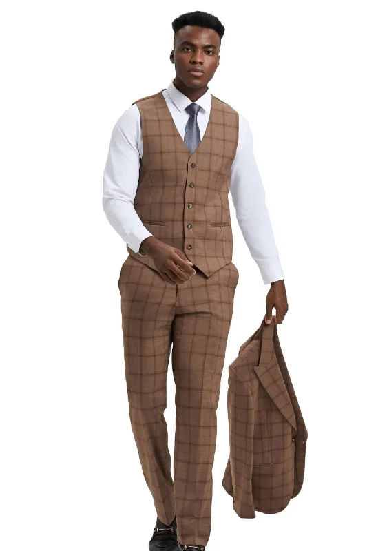 Panachify Collection: Men's Windowpane Hybrid Fit 3 Piece Suit In Brown