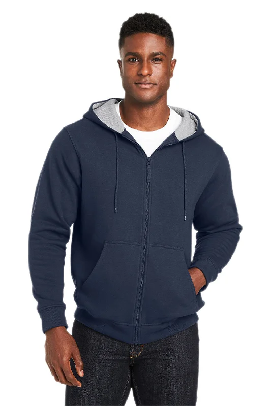 Harriton Mens Climabloc Water Resistant Full Zip Hooded Sweatshirt Hoodie w/ Pockets - Dark Navy Blue