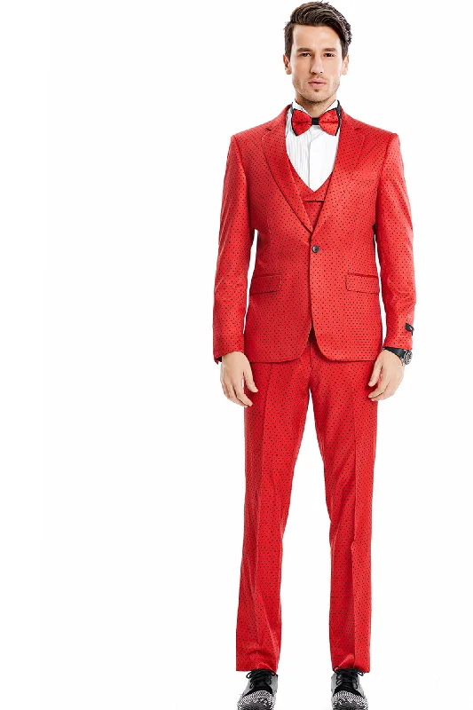 Vibrant Collection: 3-Piece Polka-Dot Slim Fit Suit with Notch Lapel In Red/black