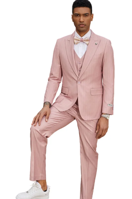 Lavellaby Collection: 3 Piece Men's Pinstripe Hybrid Fit Suit In Pink