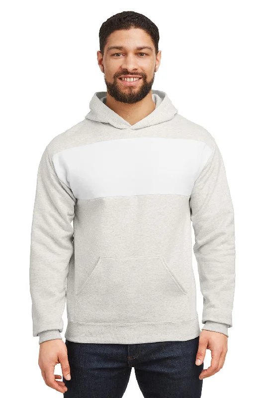 Jerzees Mens NuBlend Fleece Pill Resistant Billboard Hooded Sweatshirt Hoodie w/ Pouch Pocket - Heather Oatmeal/White - Closeout