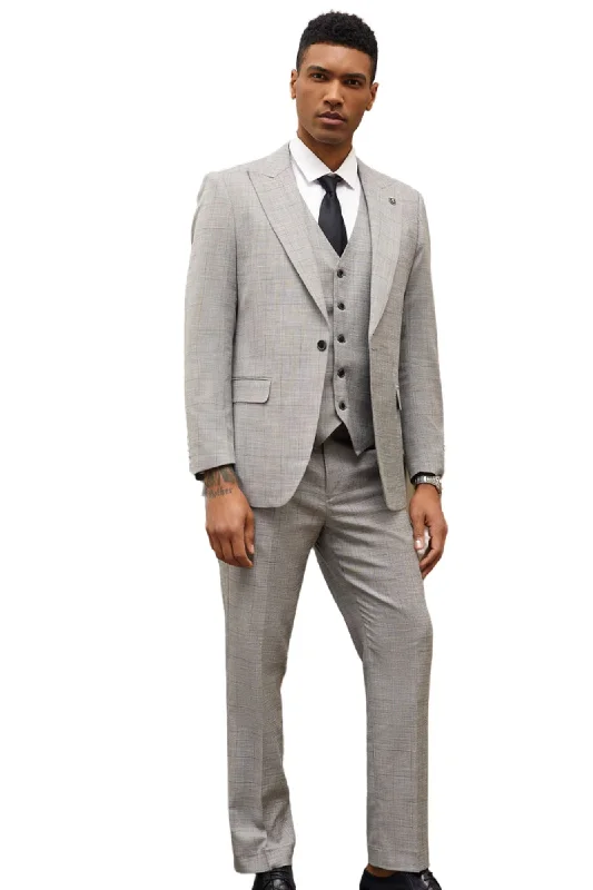 Azurette Collection: Men's Windowpane Hybrid Fit 3 Piece Suit In Light Grey