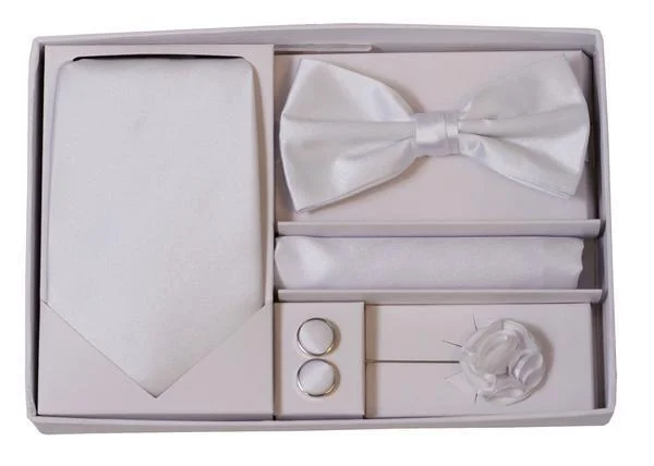 Adolfo 5 Piece White Set - Tie - Bow Tie - Flower Lapel Pin - Cufflinks & Hanky Box Set-White