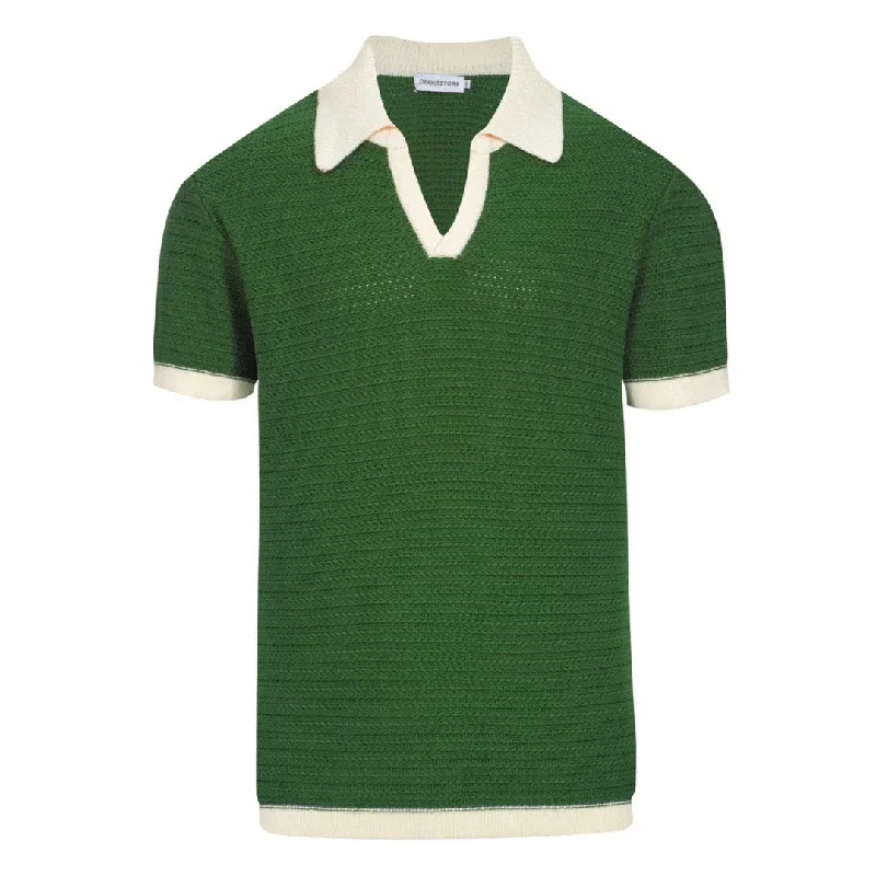 Men's Green Knitted Polo Off White V-Neck