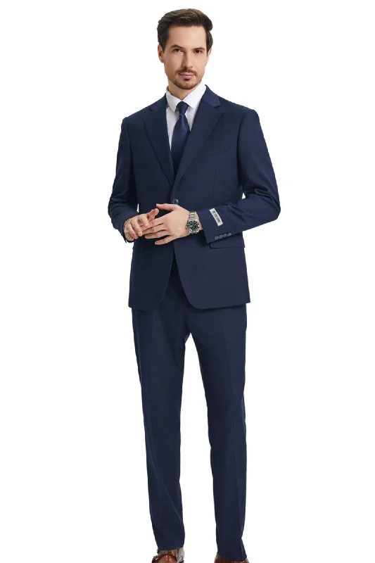 TempTrends Collection: 3 Piece Solid Slim Fit Suit For Men In Navy