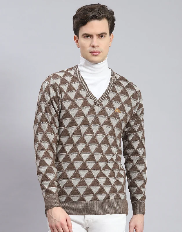 Minimalist Jackets Men Brown Self Design V Neck Full Sleeve Pullover