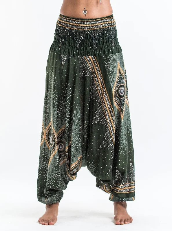 Sporty T-shirts Unisex Diamond Peacock Drop Crotch Jumpsuit Harem Pants in Green