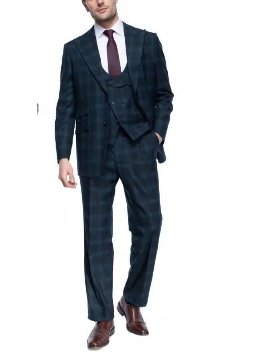 Canuti By Steven Land Mens Big & Tall Navy Blue Plaid 3 Piece Suit With Peak Lapels