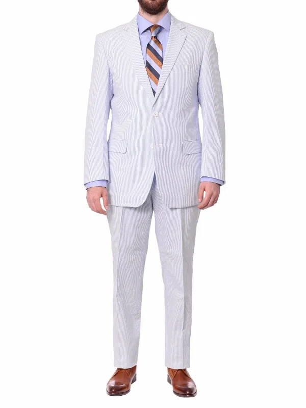 Emigre Big & Tall Classic Fit Blue Striped Two Button Cotton Seersucker Suit