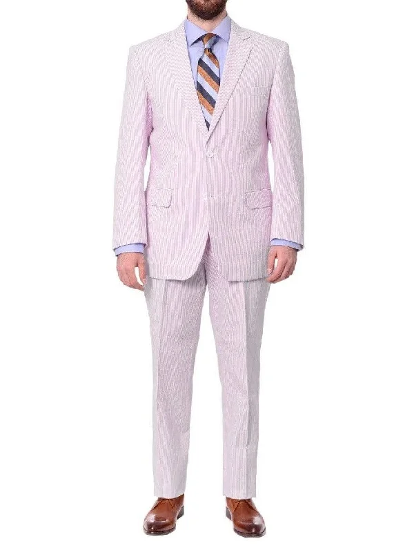 Emigre Big & Tall Classic Fit Pink Striped Two Button Cotton Seersucker Suit