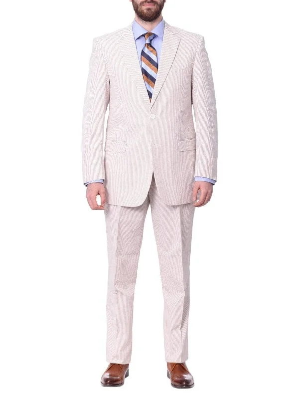 Emigre Big & Tall Classic Fit Tan Striped Two Button Cotton Seersucker Suit