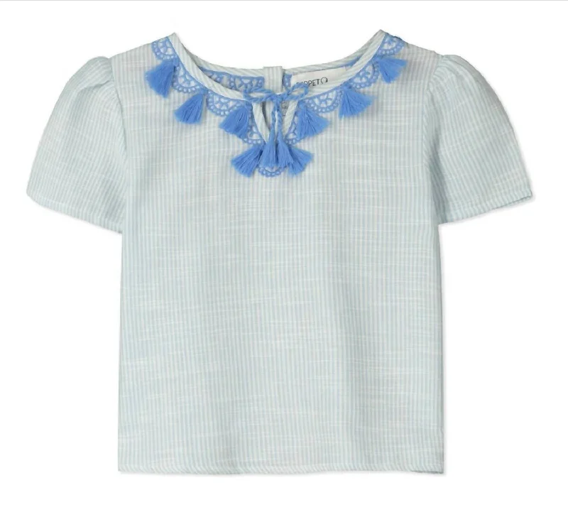 Girls Embroidered Striped Short Sleeve Blouse In White & Blue