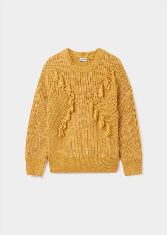 Girl's Fringed Sweater In Mustard