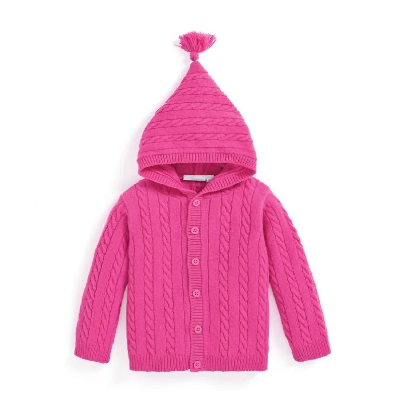 Girl's Hooded Cable Knit Cardigan In Fuchsia