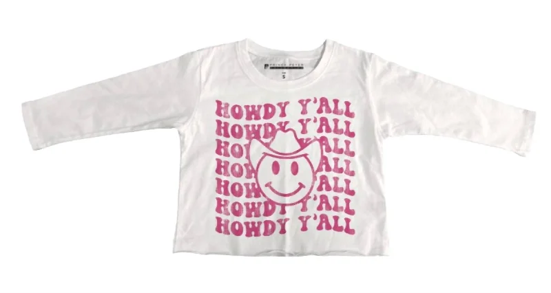 Girls Howdy Y'all Crop Long Sleeve Shirt In White