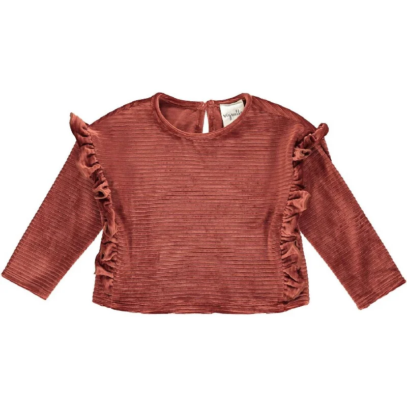 Girl's Peyton Ribbed Velour Ruffle Top In Rust