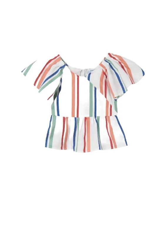 Girl's Short Sleeve Blouse In Carmine Striped