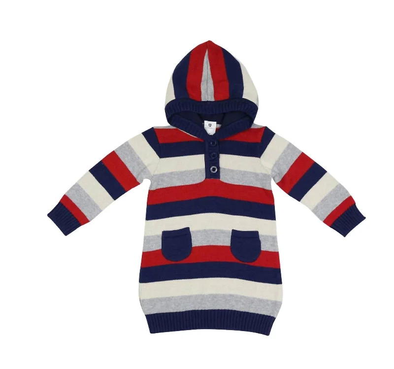 Girl's Stars Hooded Knit Sweater Dress In Multi Stripe