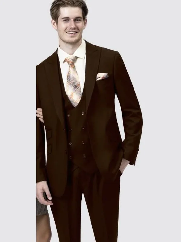 Kent & Park Big & Tall Solid Brown Regular Fit Two Button 3 Piece Suit With Peak Lapels