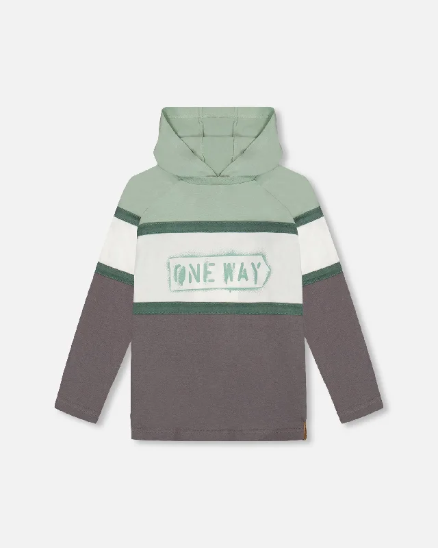 Raglan Hooded T-Shirt Green And Dark Gray